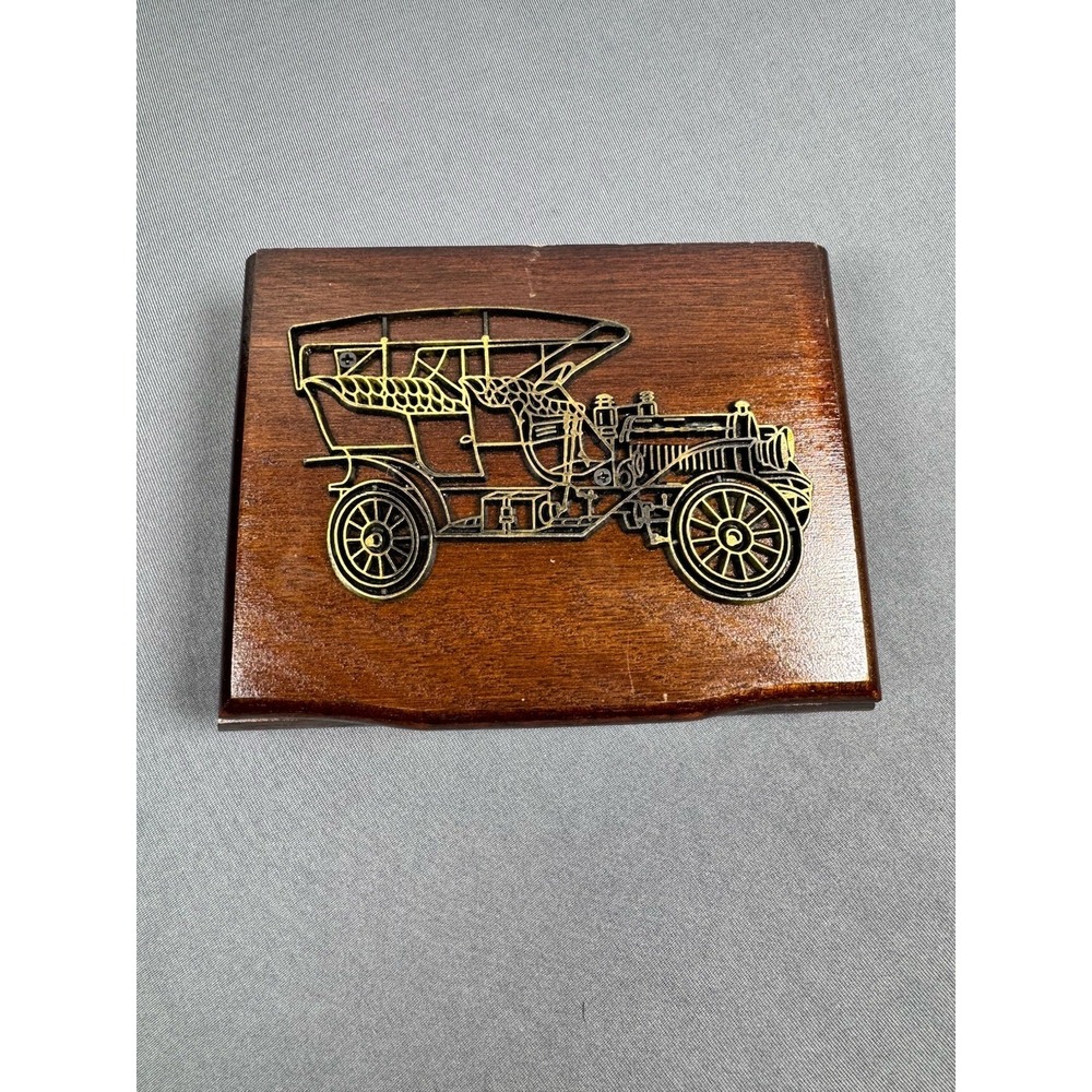 Vintage Playing Card Box, 1985 Antique Car‎ Wood Box with Metal  Model T Sealed